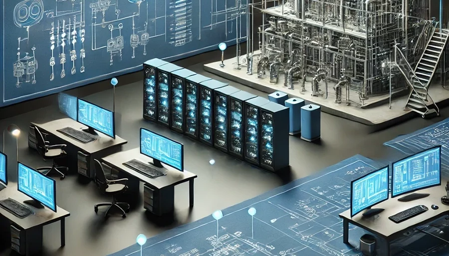 DALL·E 2024-11-04 11.20.47 - A professional, clean image representing electrical engineering planning and development for industrial machinery and plant systems, set against a dar