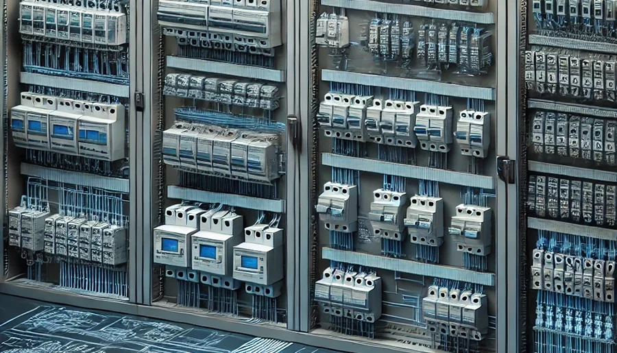 DALL·E 2024-11-04 11.29.13 - A professional, clean image representing control cabinet construction in industrial electrical engineering, set against a dark background. The scene s