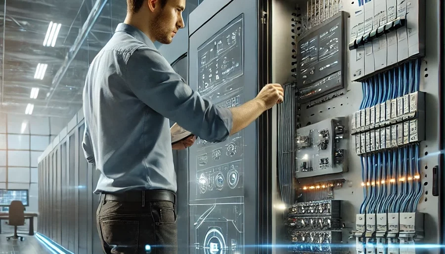 DALL·E 2024-11-05 13.23.43 - A professional industrial scene featuring a technician working on a control panel in a switchgear cabinet. The technician is adjusting wiring and insp